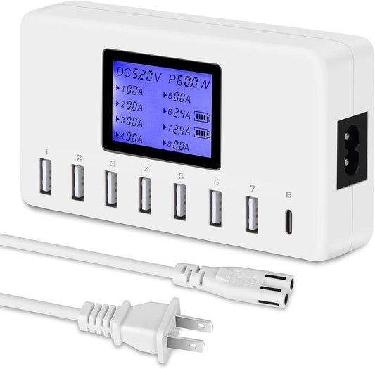 60W 12A 8-Port USB Charging Station - Multi Port USB Hub Charger with LCD Display - Compatible with Iphone, Ipad, Samsung, Kindle, Tablet, Bluetooth Earbuds and More