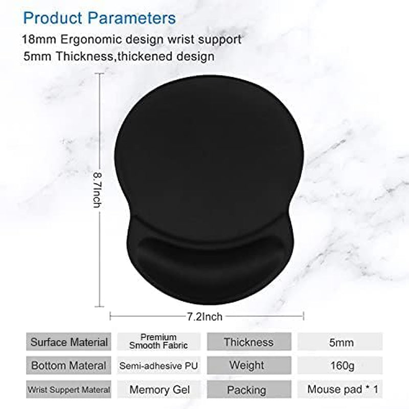 Mouse Pad, Ergonomic Mouse Pad with Gel Wrist Rest Support, Gaming Mouse Pad with Lycra Cloth, Non-Slip PU Base for Computer, Laptop, PC, Home, Office & Travel, Black